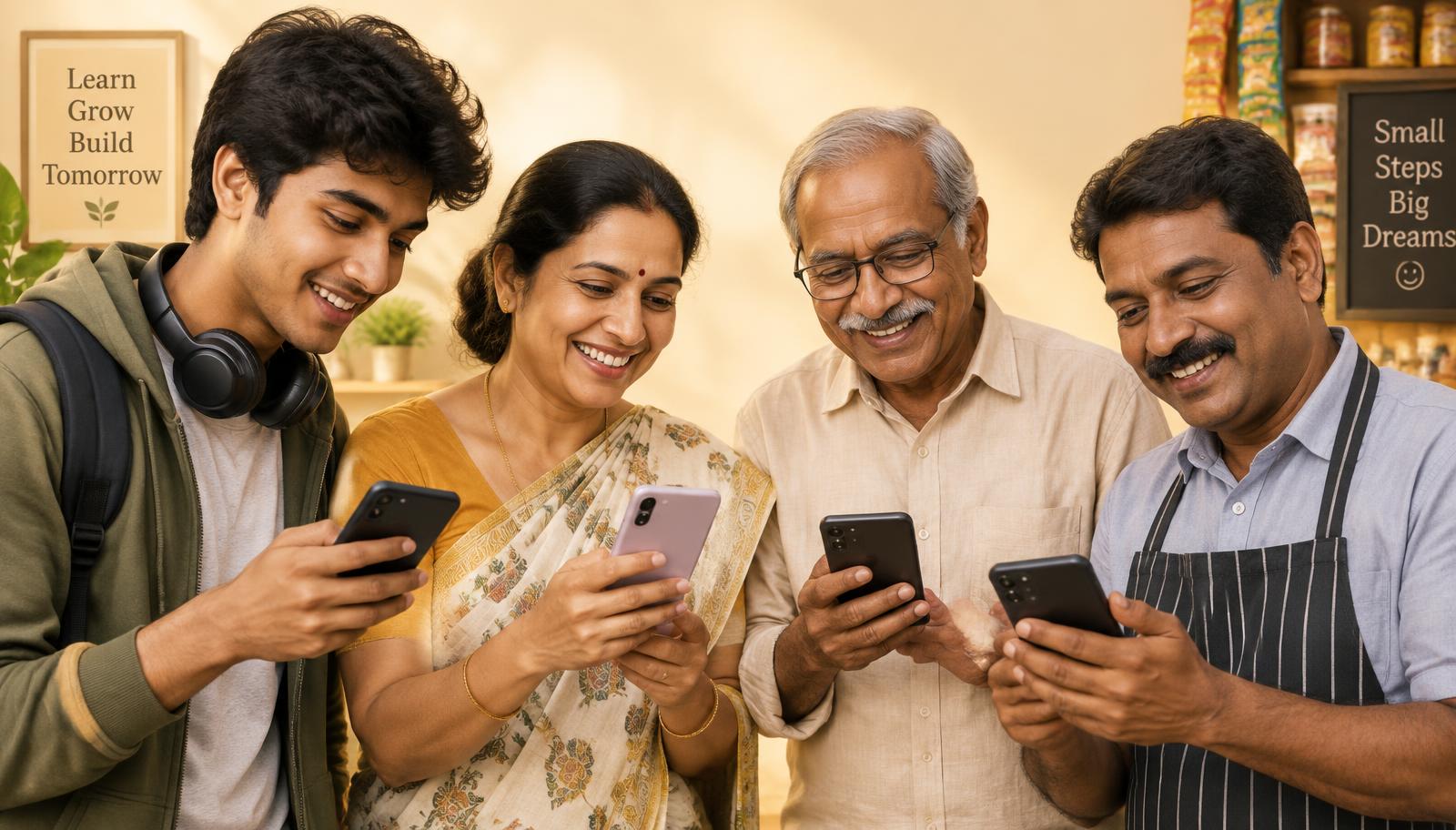 Indian learners of different ages using their phones